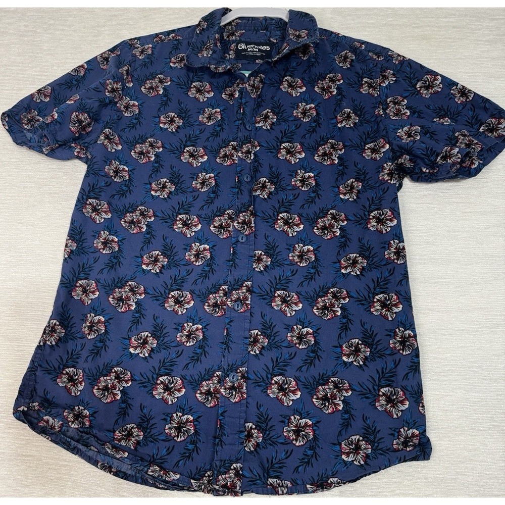 Bluenotes Men's M Blue Floral Hawaiian Woven Cotton Short Sleeve Button-Up